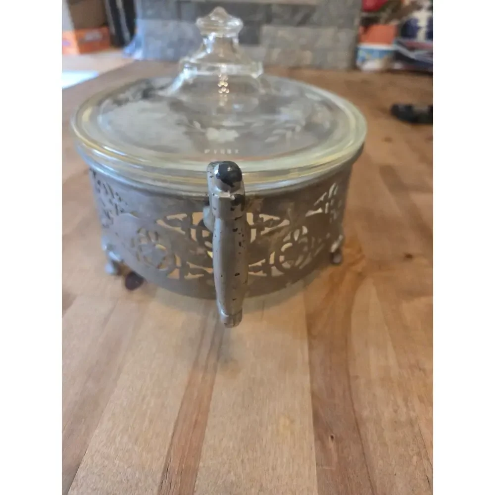 Vintage Pyrex Glass Casserole Dish with Clear Lid & Ornate Silver Plated Carrier